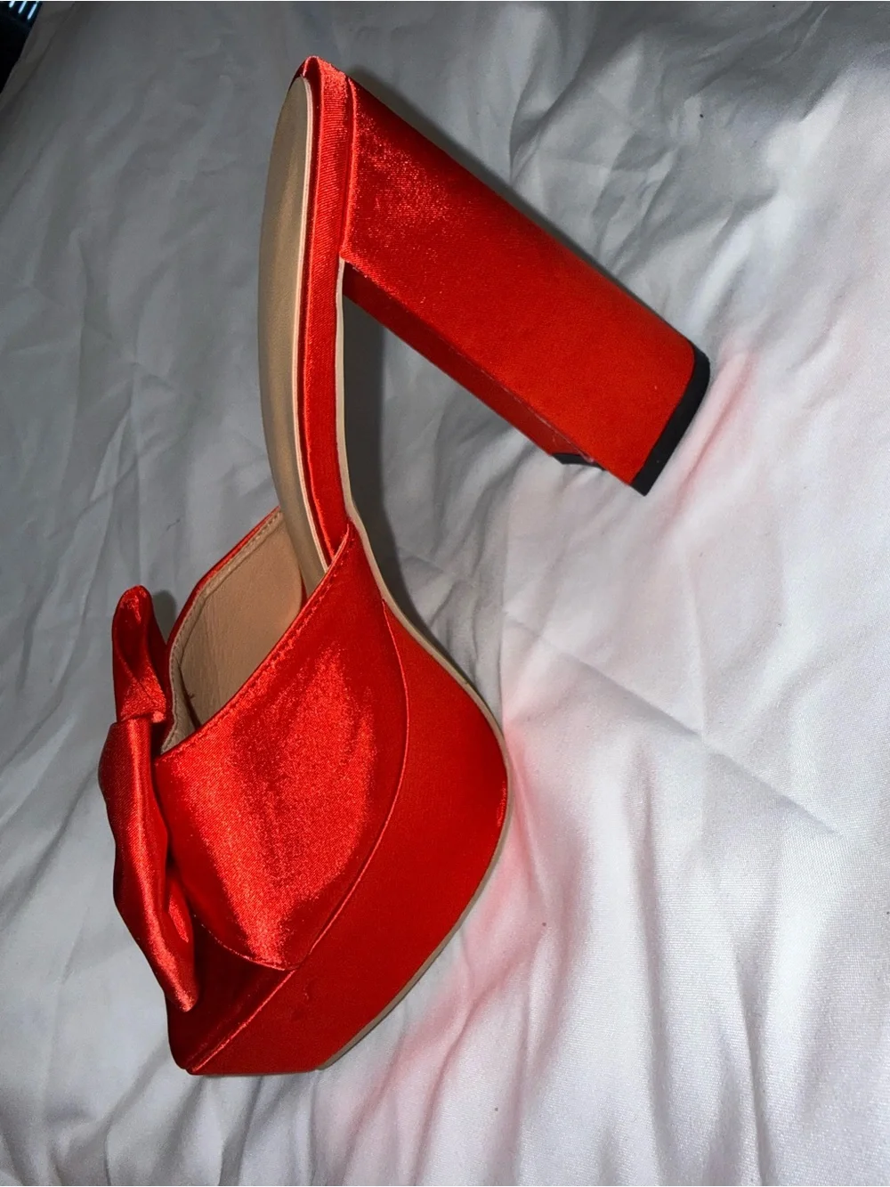 SHEIN Red Satin Bow Platform Slide Heels